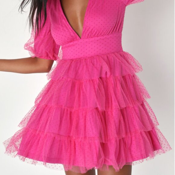 Lulus Women's Dramatic Poise Hot Pink Dot Tulle Puff Sleeve Tiered Mini … - Picture 13 of 15